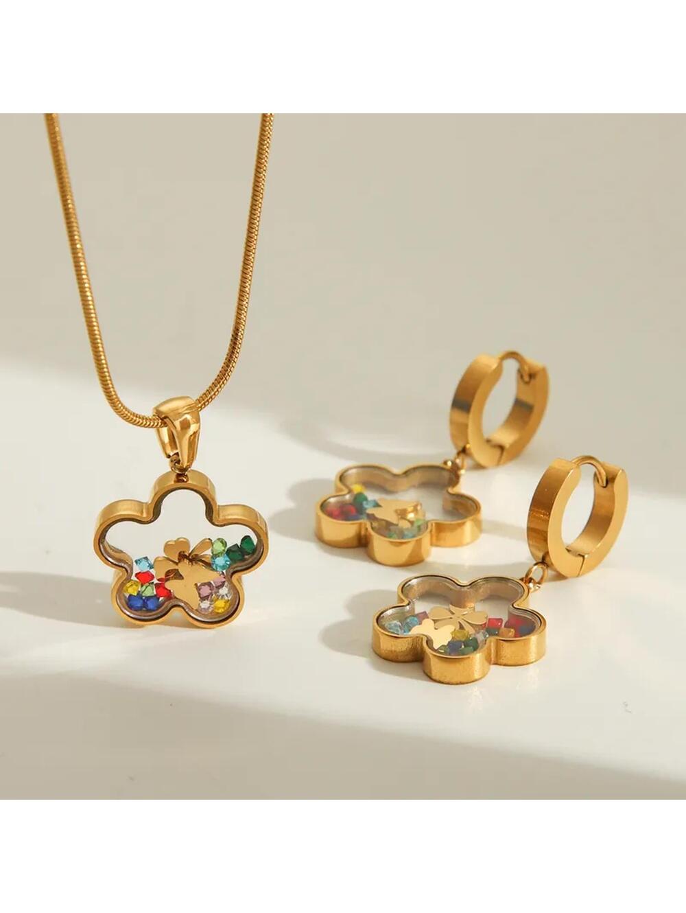 Lucky flower shake - Necklace/Earring set - Gold - CZs - 18"